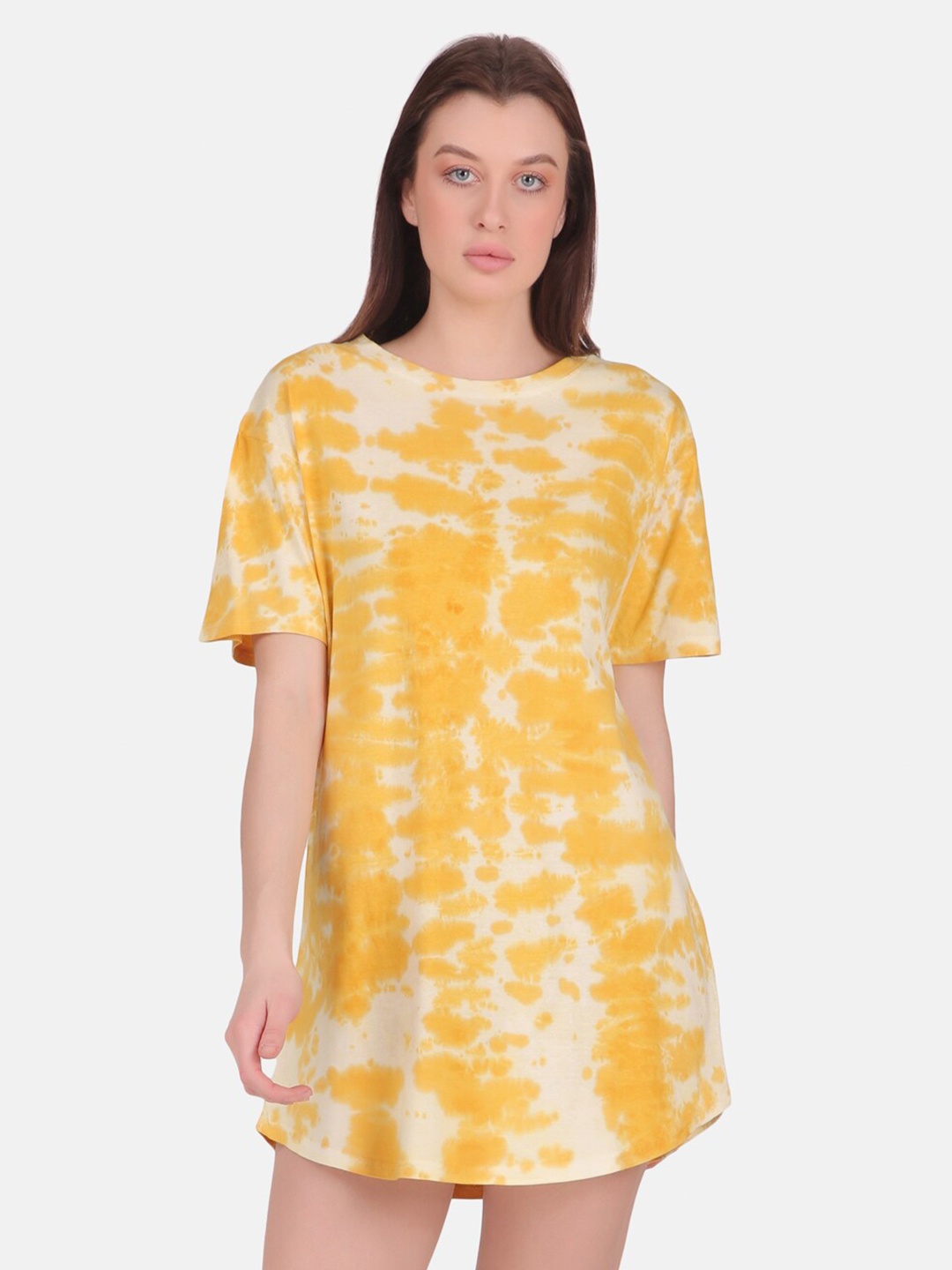 

Masha Women Yellow & White Tie and Dye Pure Cotton T-shirt Nightdress