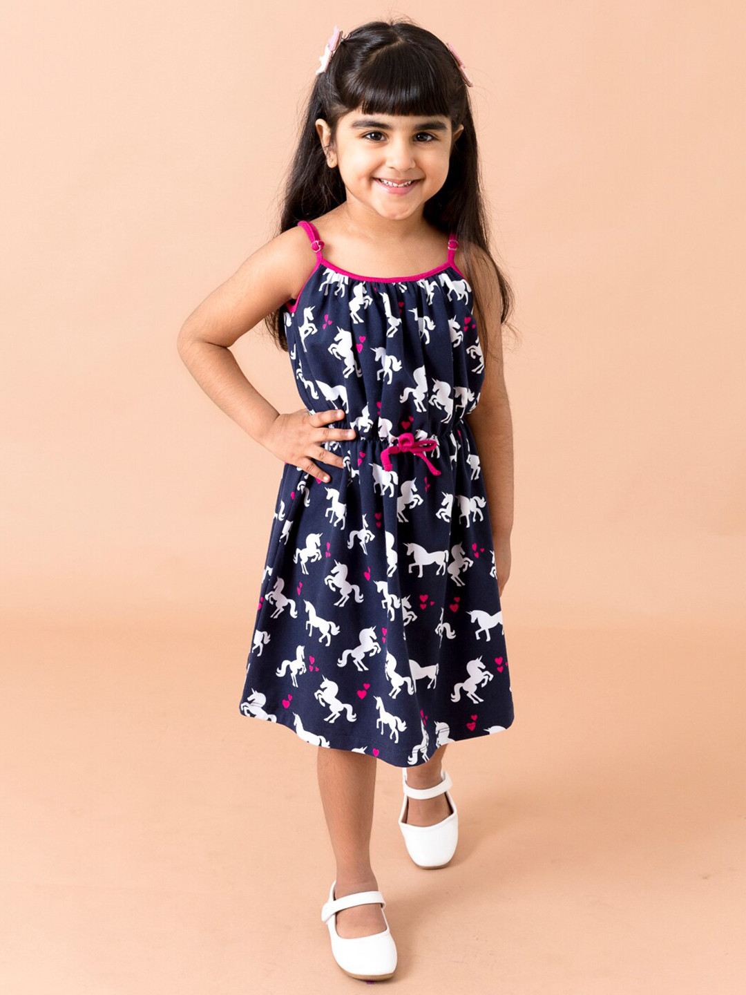 

pspeaches Navy Blue & White Printed Cotton Dress