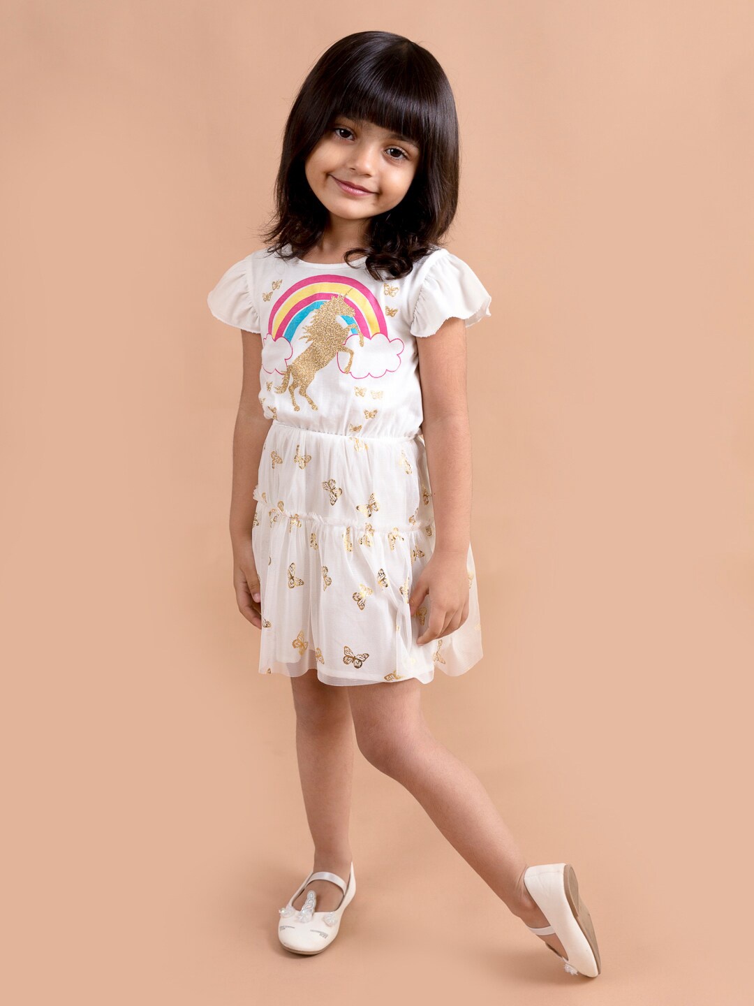 

pspeaches Girls White Unicorn Printed Fit & Flare Net Dress