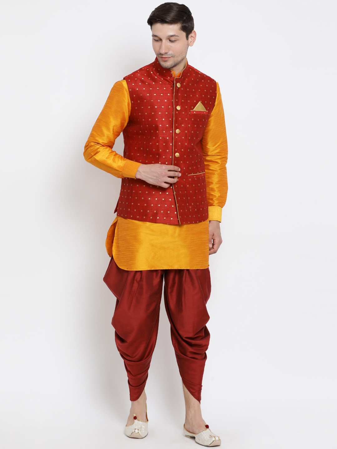 

VASTRAMAY Men Orange & Maroon Kurta with Dhoti Pants & Nehru Jacket