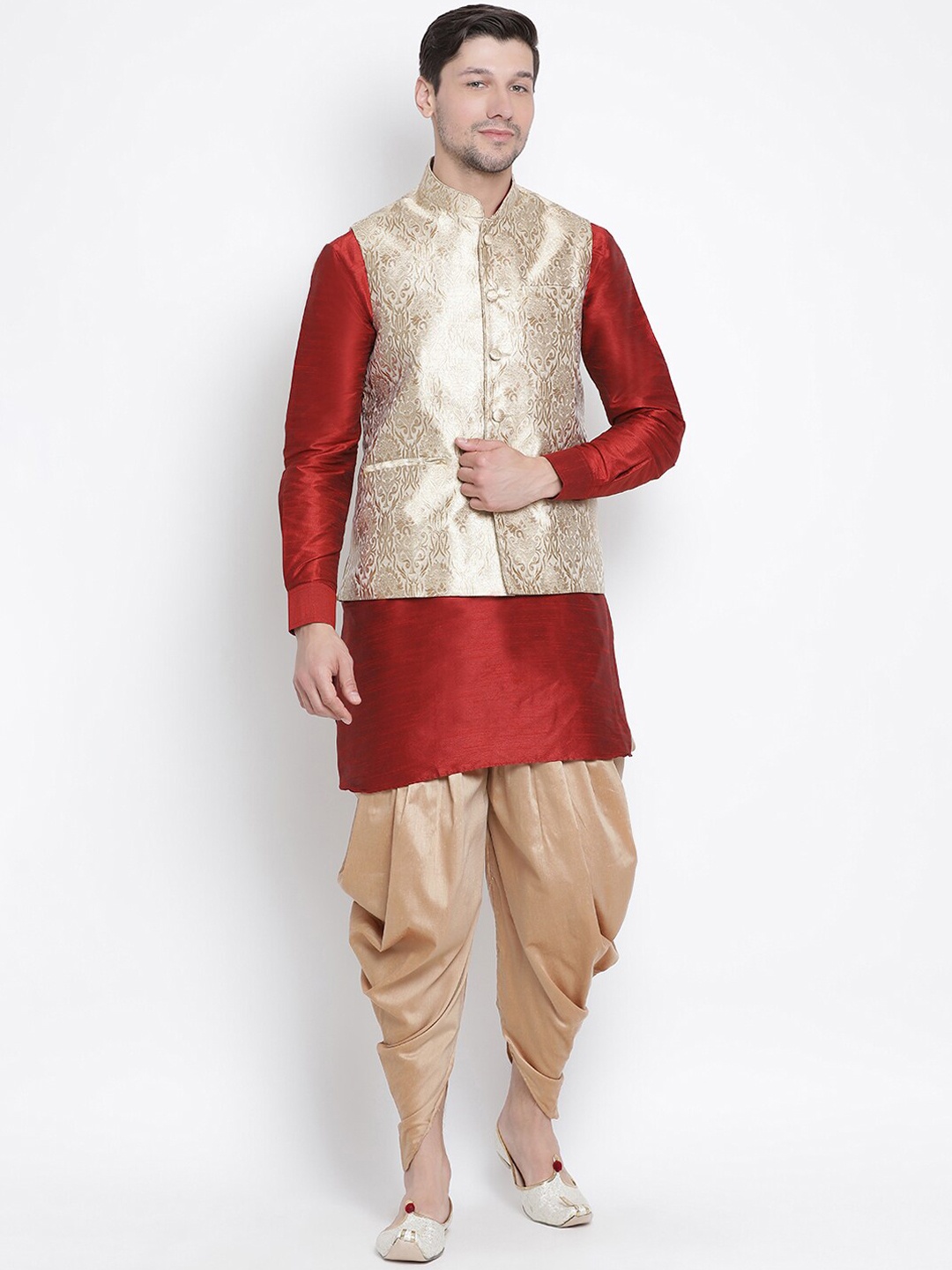 

VASTRAMAY Men Maroon Layered Kurta with Dhoti Pants