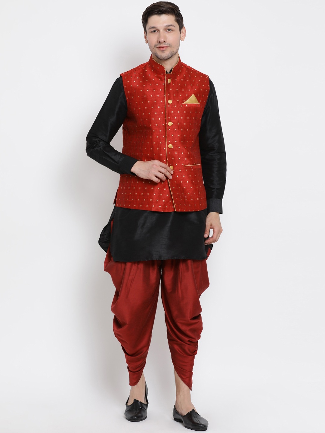 

VASTRAMAY Men Black Layered Kurta with Dhoti Pants