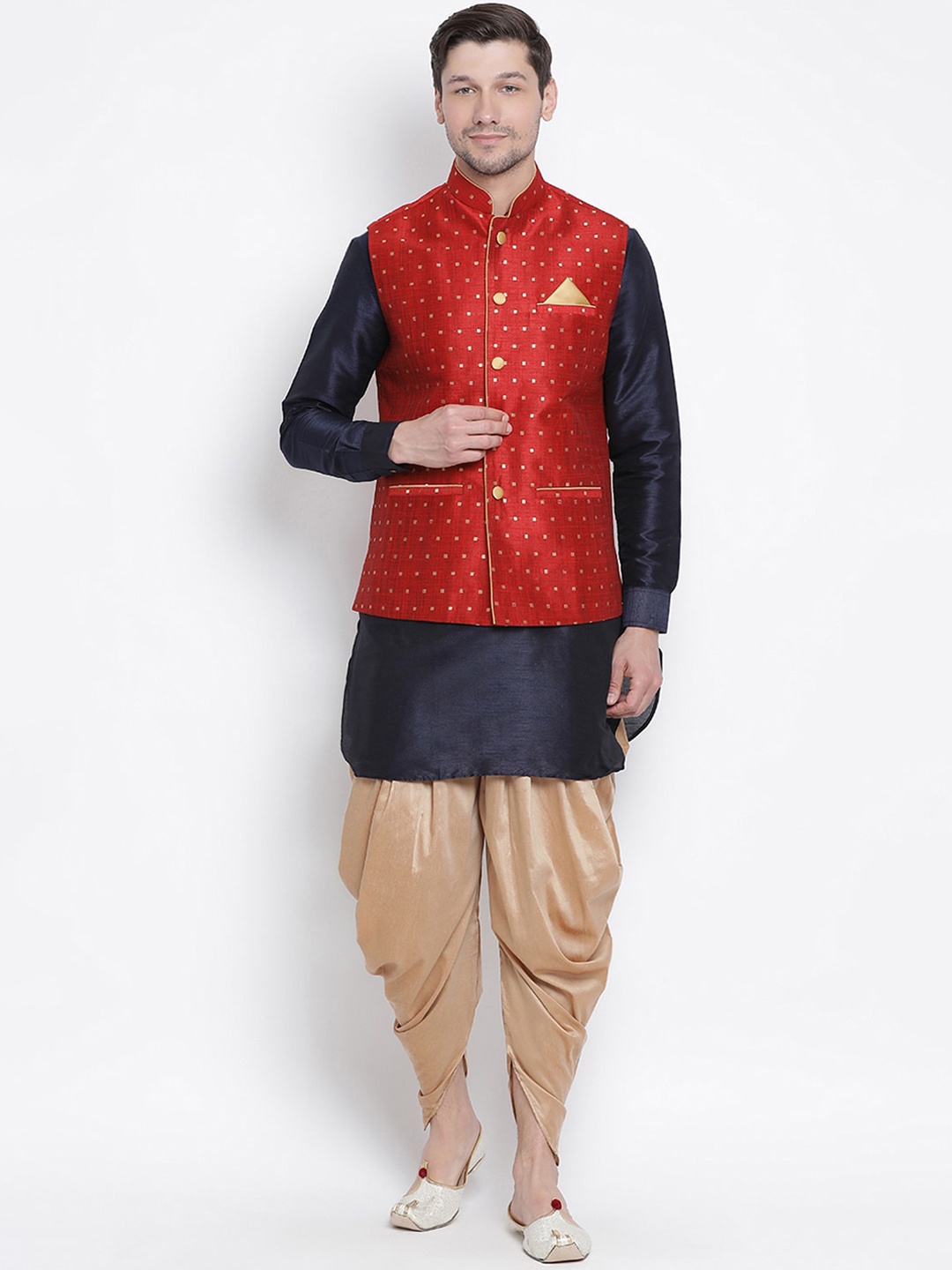 

VASTRAMAY Men Navy Blue Layered Kurta with Dhoti Pants