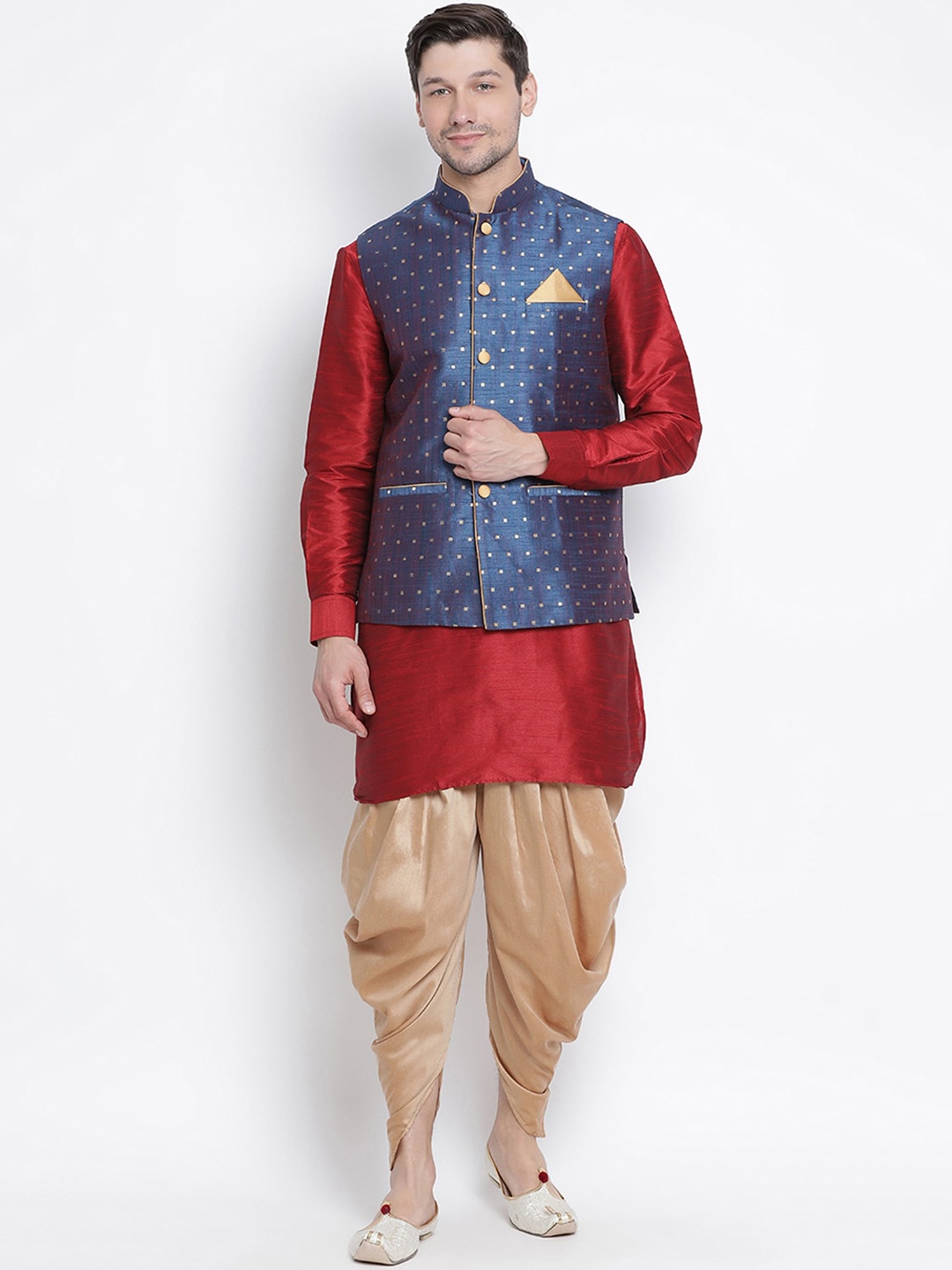 

VASTRAMAY Men Maroon & Blue Kurta with Dhoti Pants & Nehru Jacket