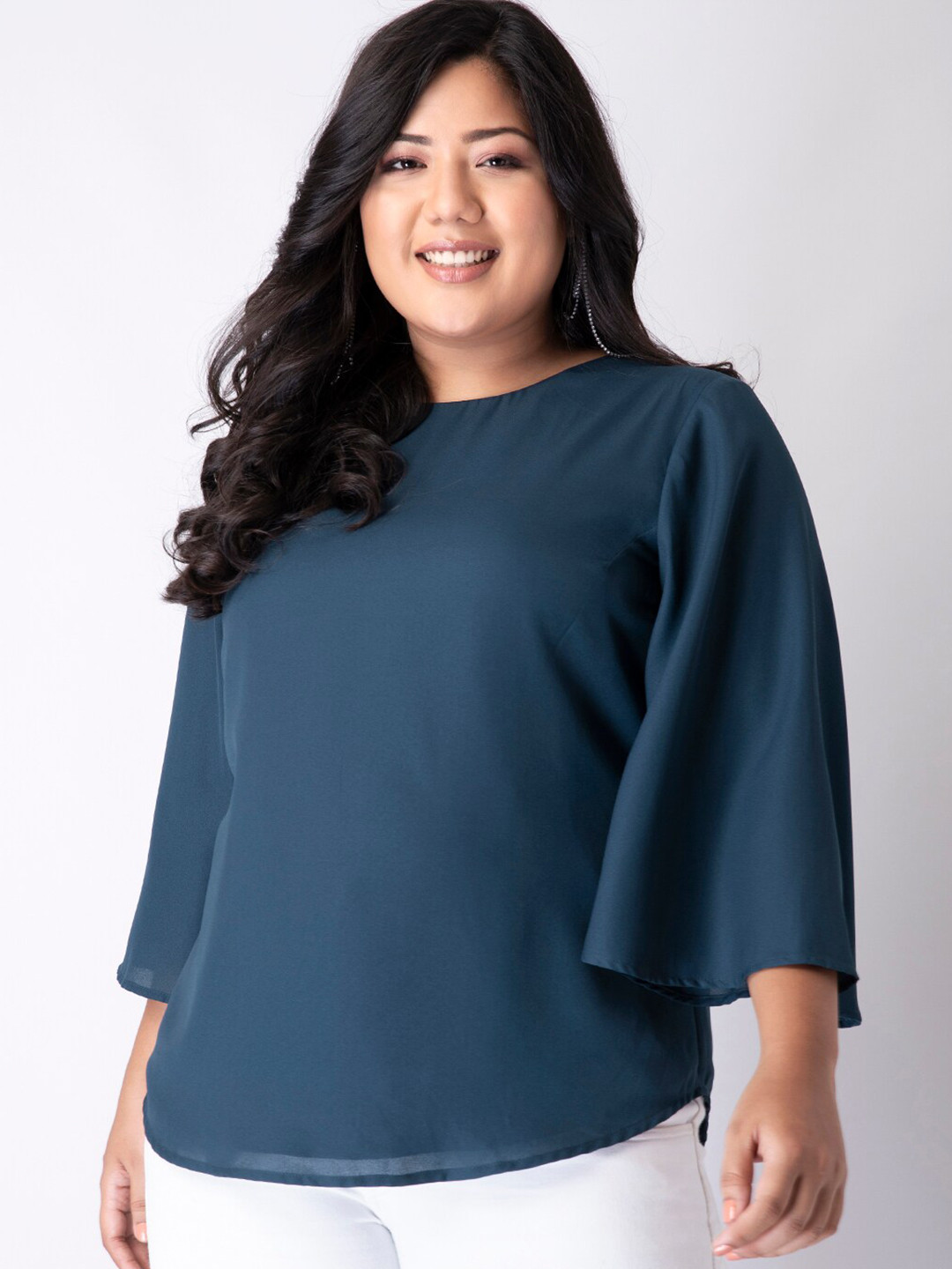 

FabAlley Curve Plus Size Blue Flared Sleeves A-line Top