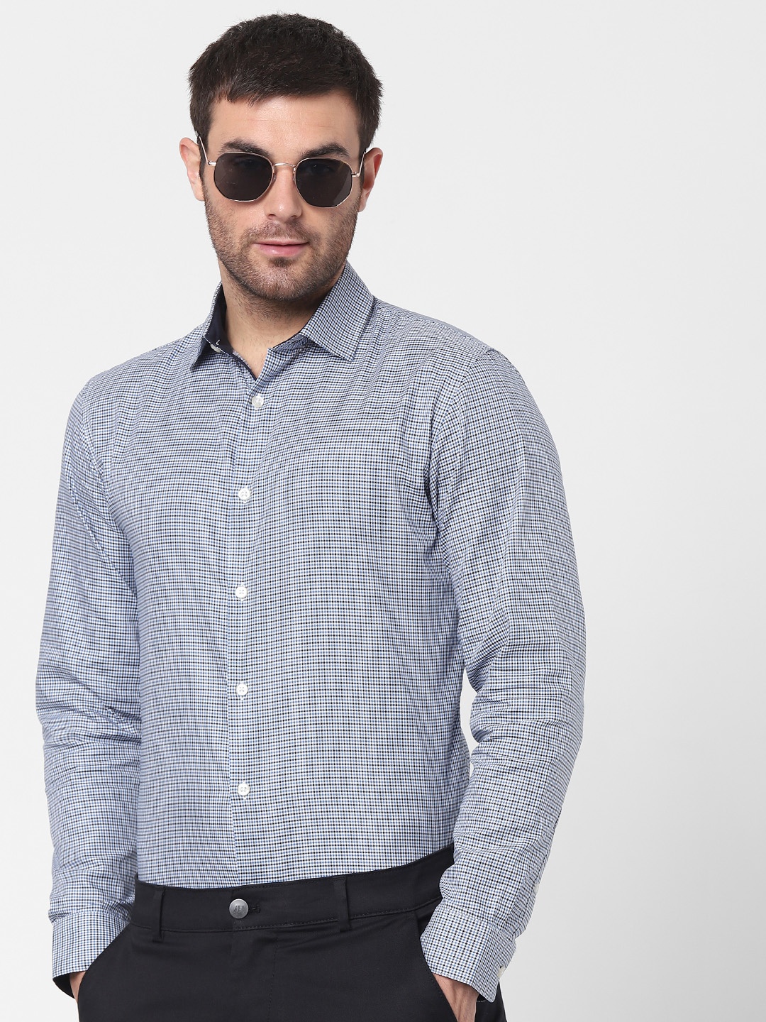 

SELECTED Men Blue Slim Fit Checked Cotton Casual Shirt