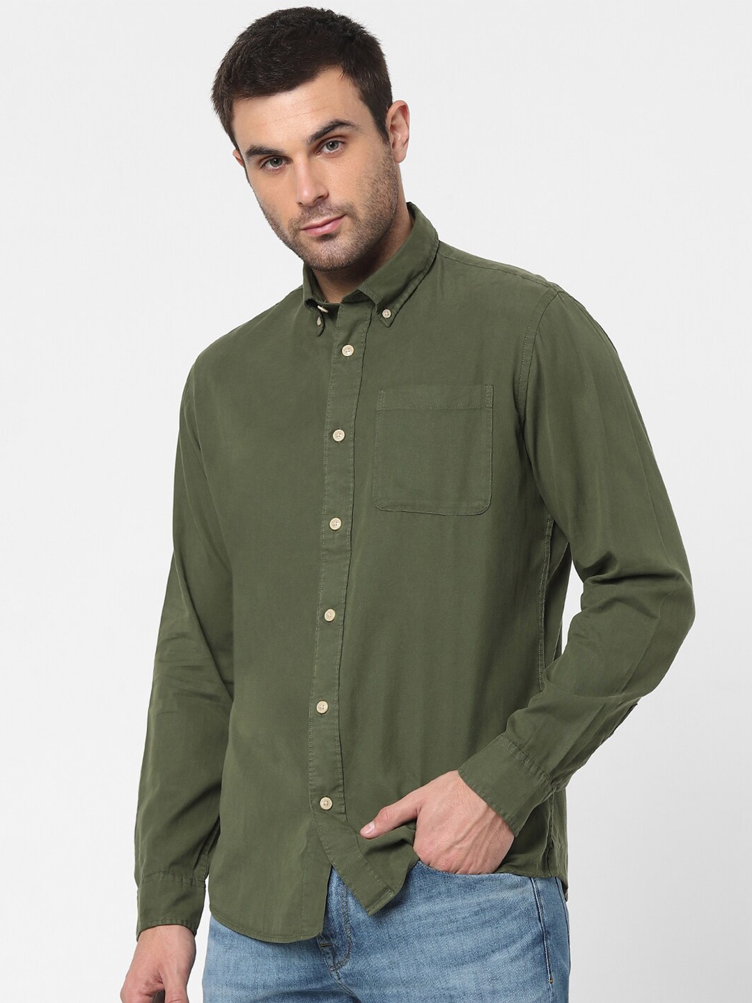 

SELECTED Men Green Solid Lyocell Regular Fit Casual Shirt