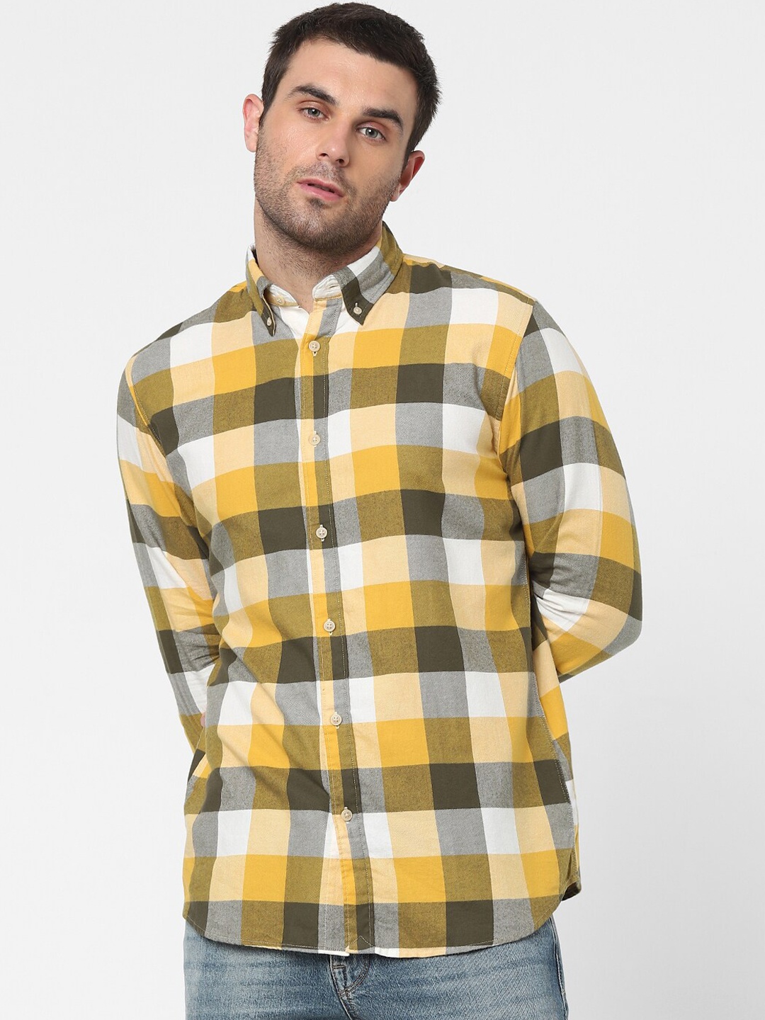 

SELECTED Men Yellow & Grey Slim Fit Buffalo Checked Casual Shirt