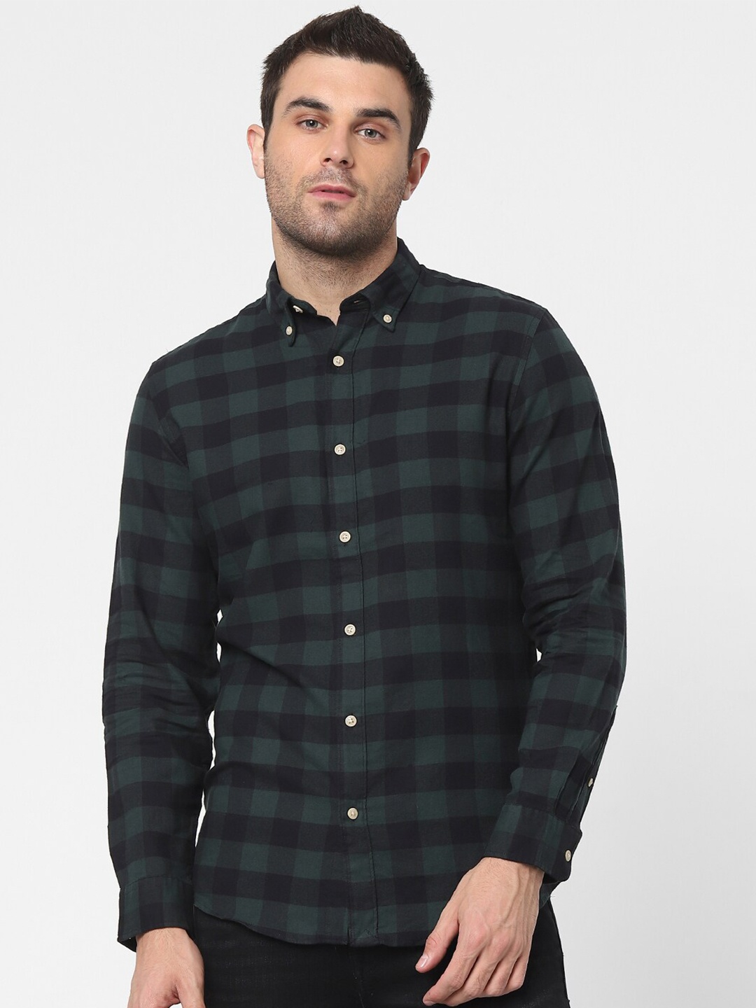 

SELECTED Men Green & Black Slim Fit Checked Cotton Casual Shirt