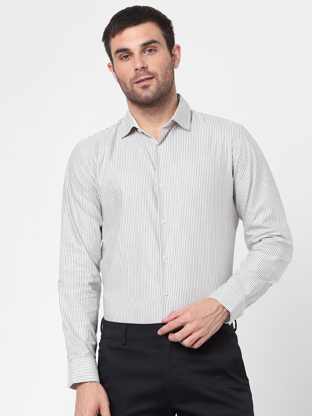 

SELECTED Men Grey & White Slim Fit Striped Cotton Formal Shirt