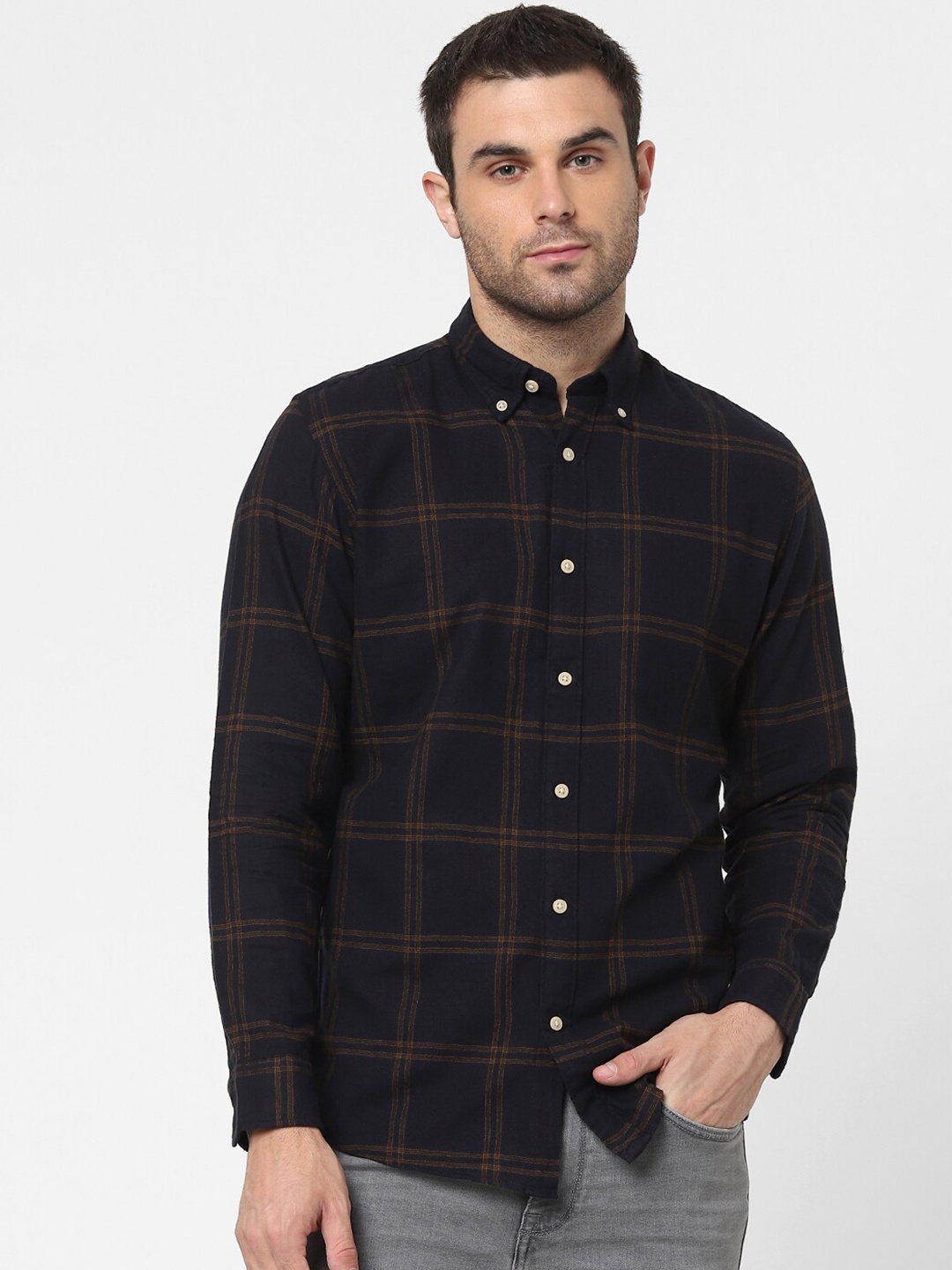 

SELECTED Men Navy Blue & Brown Slim Fit Checked Cotton Casual Shirt