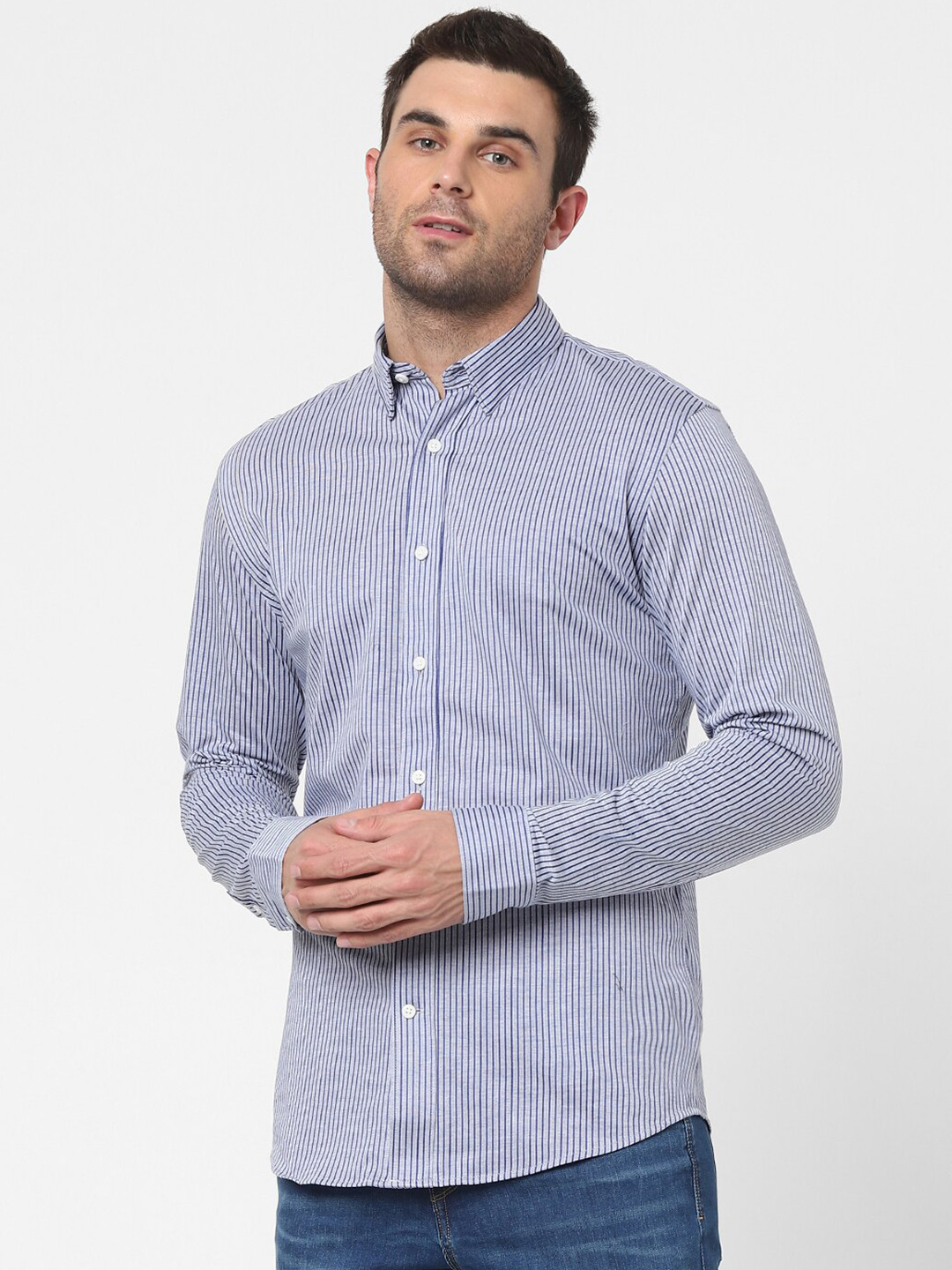 

SELECTED Men Blue Slim Fit Striped Cotton Casual Shirt