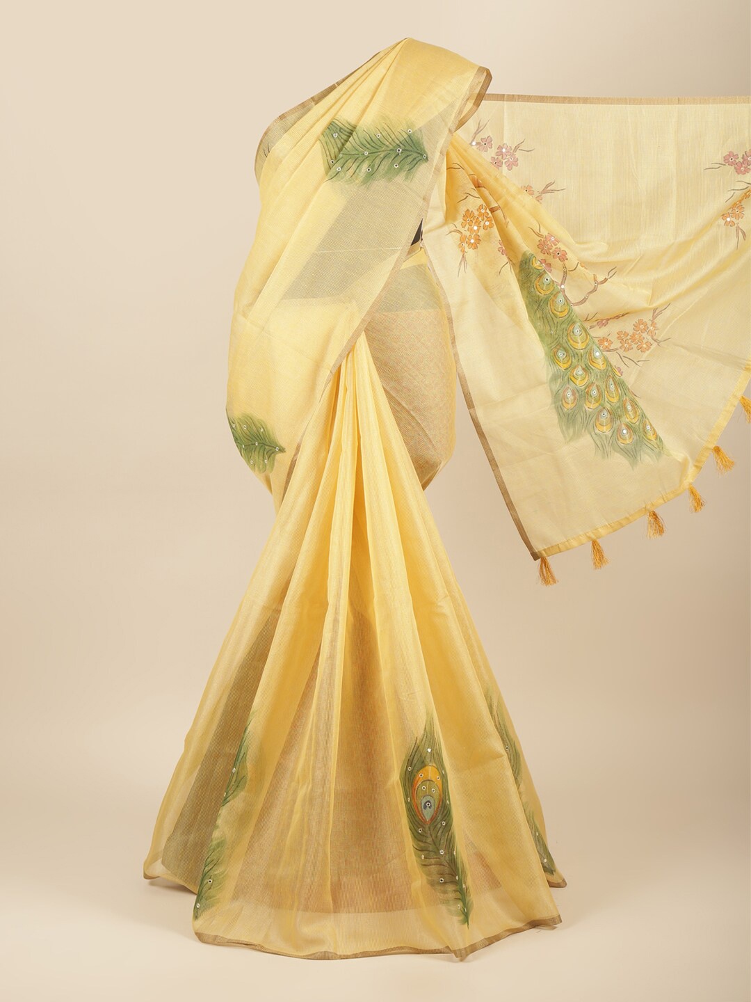 

Pothys Yellow & Green Ethnic Motifs Zari Tissue Saree