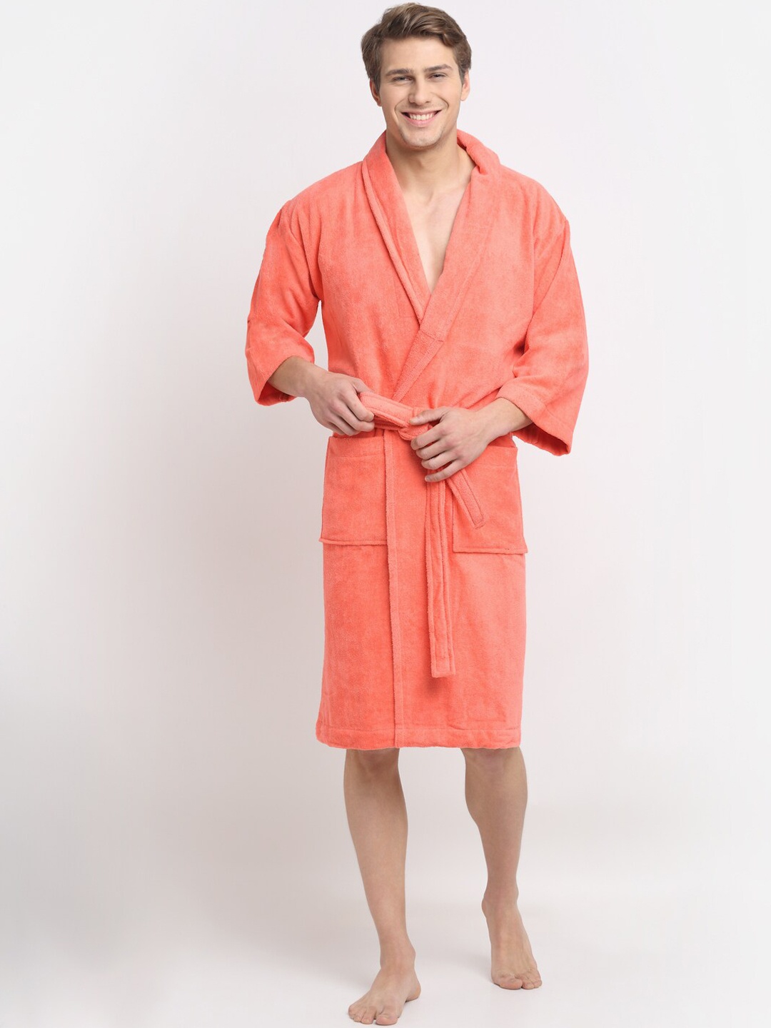 

Creeva Unisex Coral-Coloured Solid Bath Robe With Pockets