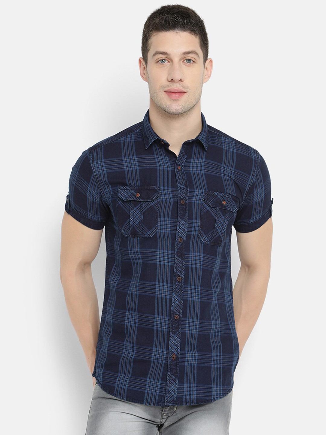 

V2 Value & Variety Men Navy Blue Checked Casual Cotton Shirt