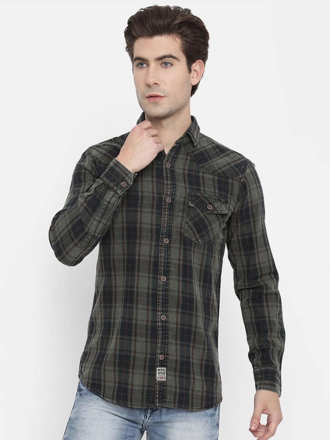 

V2 Value & Variety Men Olive Green Checked Cotton Casual Shirt