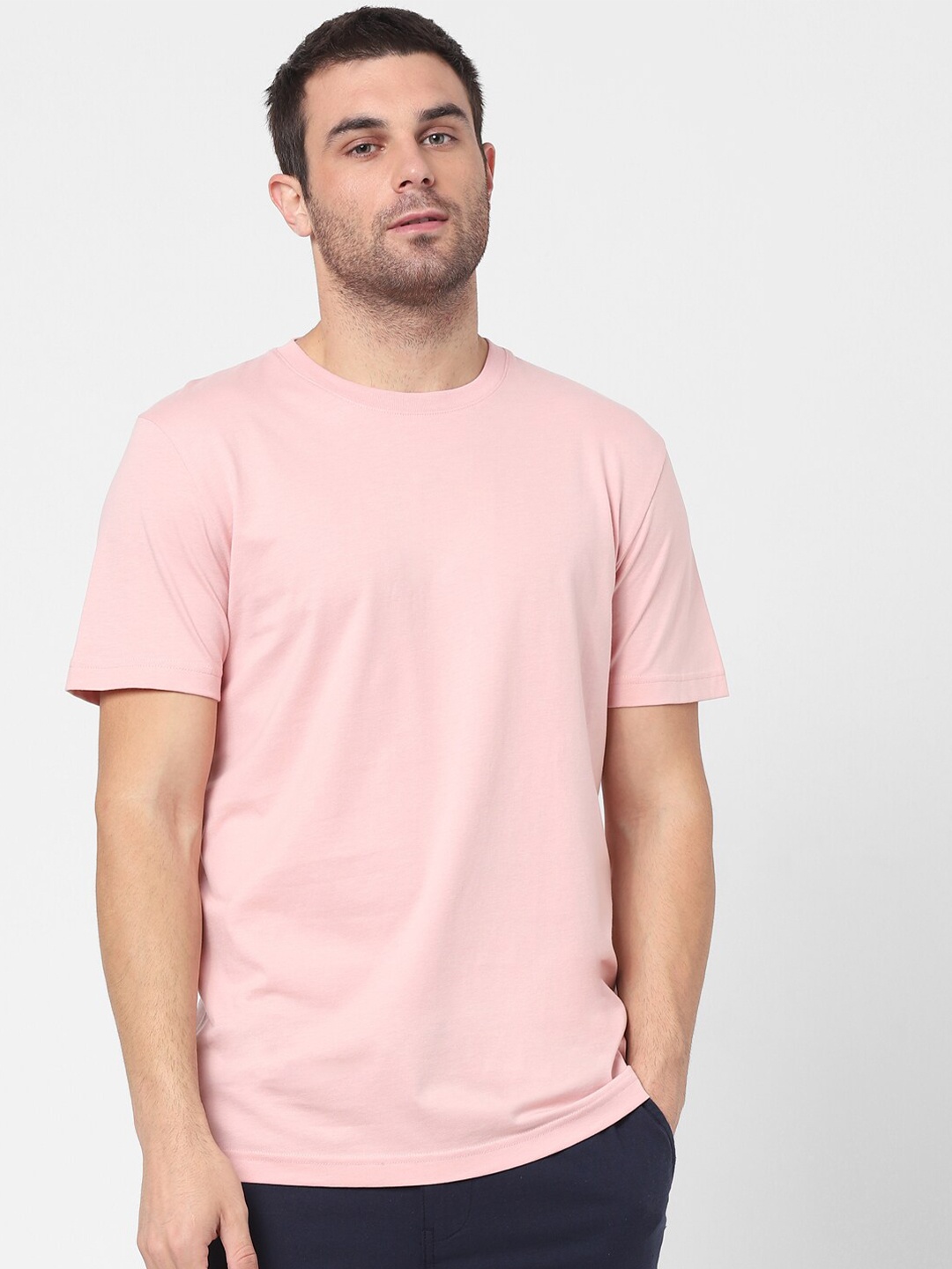 

SELECTED Men Pink Solid Round Neck Cotton T-shirt