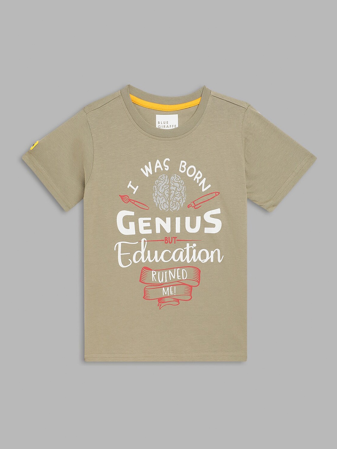 

Blue Giraffe Boys Olive Green Typography Printed T-shirt