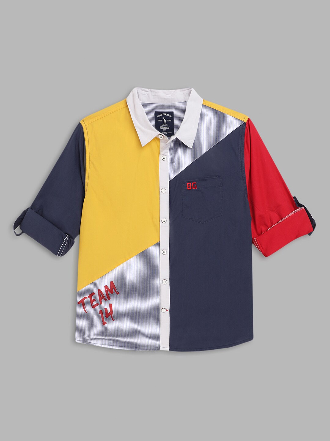 

Blue Giraffe Boys Multicoloured Colourblocked Pure Cotton Regular Fit Casual Shirt, Multi