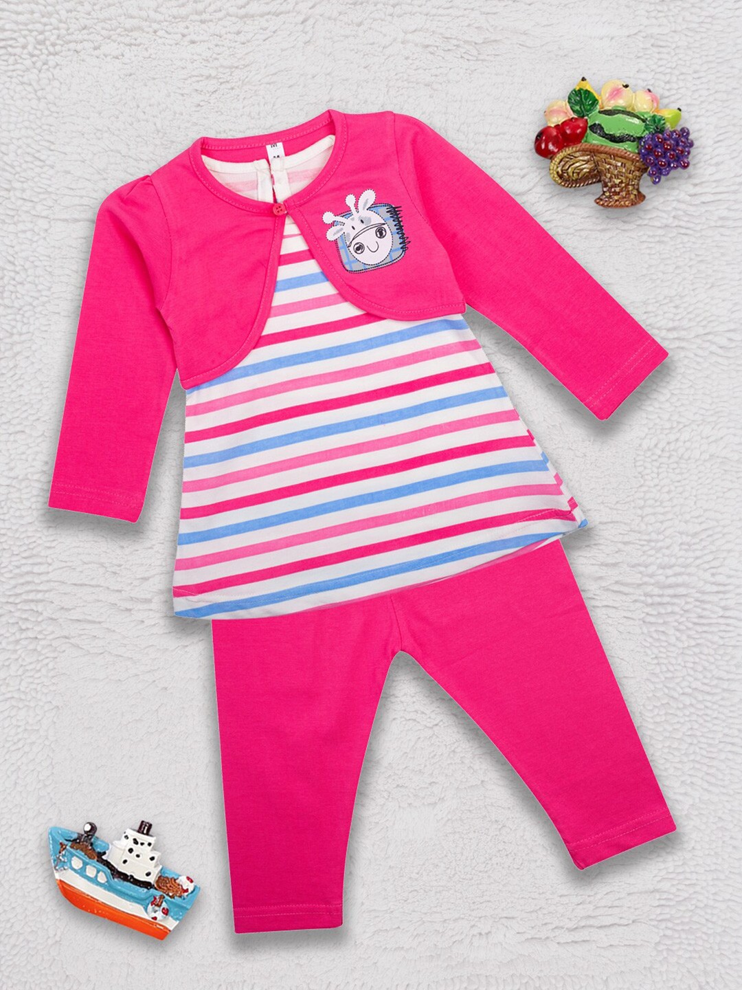 

MeeMee Girls Pink & White Printed Pure Cotton Top with Leggings