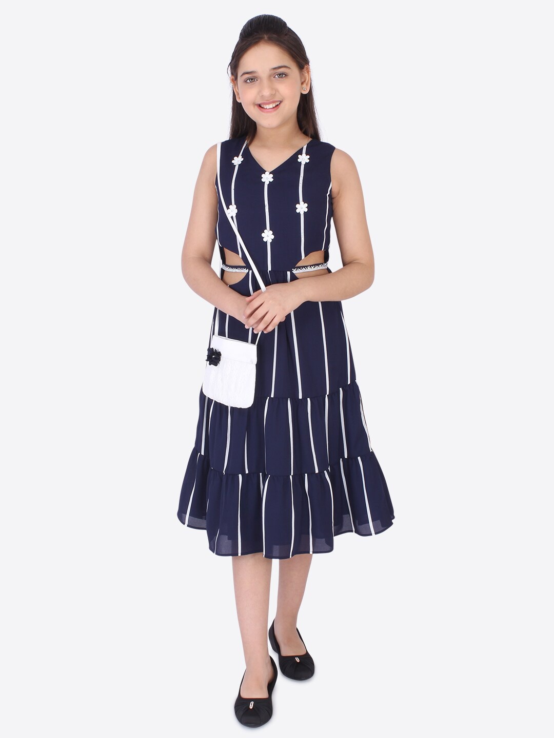 

CUTECUMBER Girls Navy Blue Striped Georgette Midi Dress