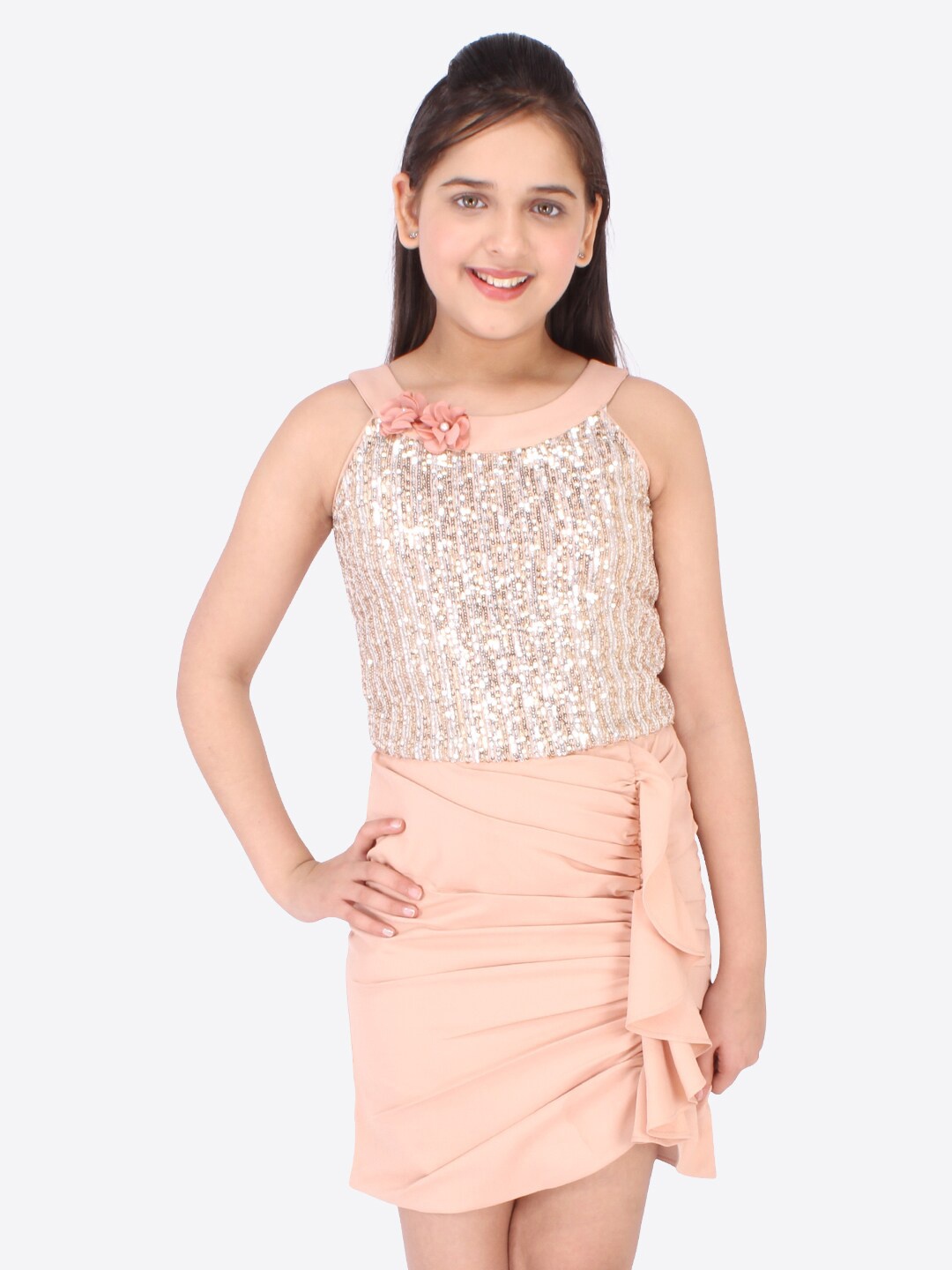 

CUTECUMBER Girls Peach-Coloured Georgette Sheath Dress