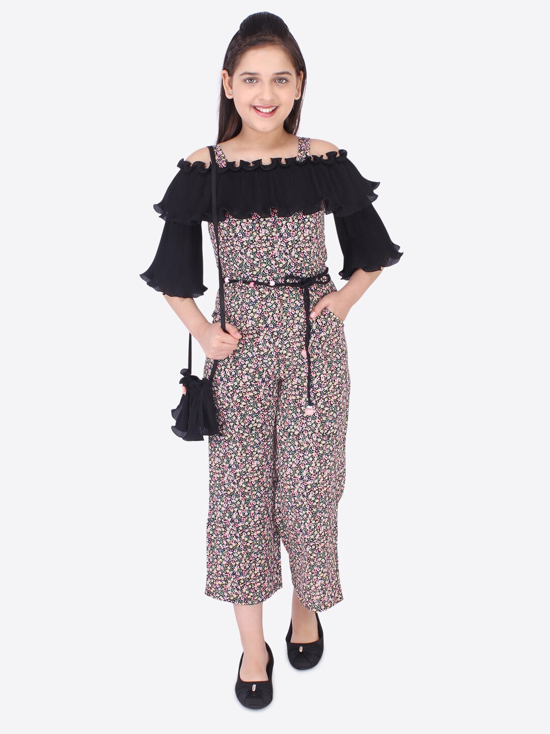 

CUTECUMBER Girls Black & Pink Printed Basic Jumpsuit