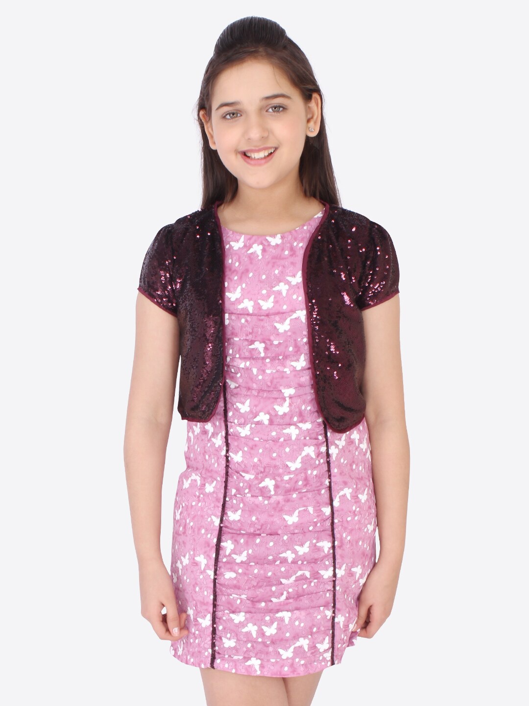 

CUTECUMBER Pink & Purple Floral Georgette Sheath Dress With Shrug