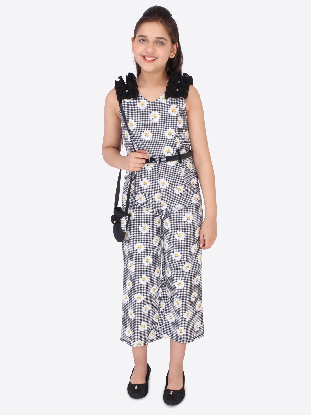 

CUTECUMBER Girls Black & White Printed Culotte Jumpsuit