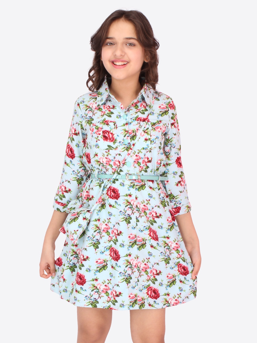 

CUTECUMBER Girls Blue & Pink Floral Shirt Dress