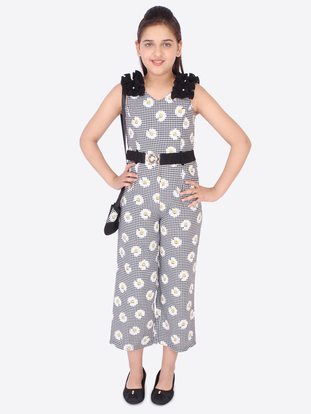 

CUTECUMBER Girls Black & White Floral Printed Checked Culotte Jumpsuit