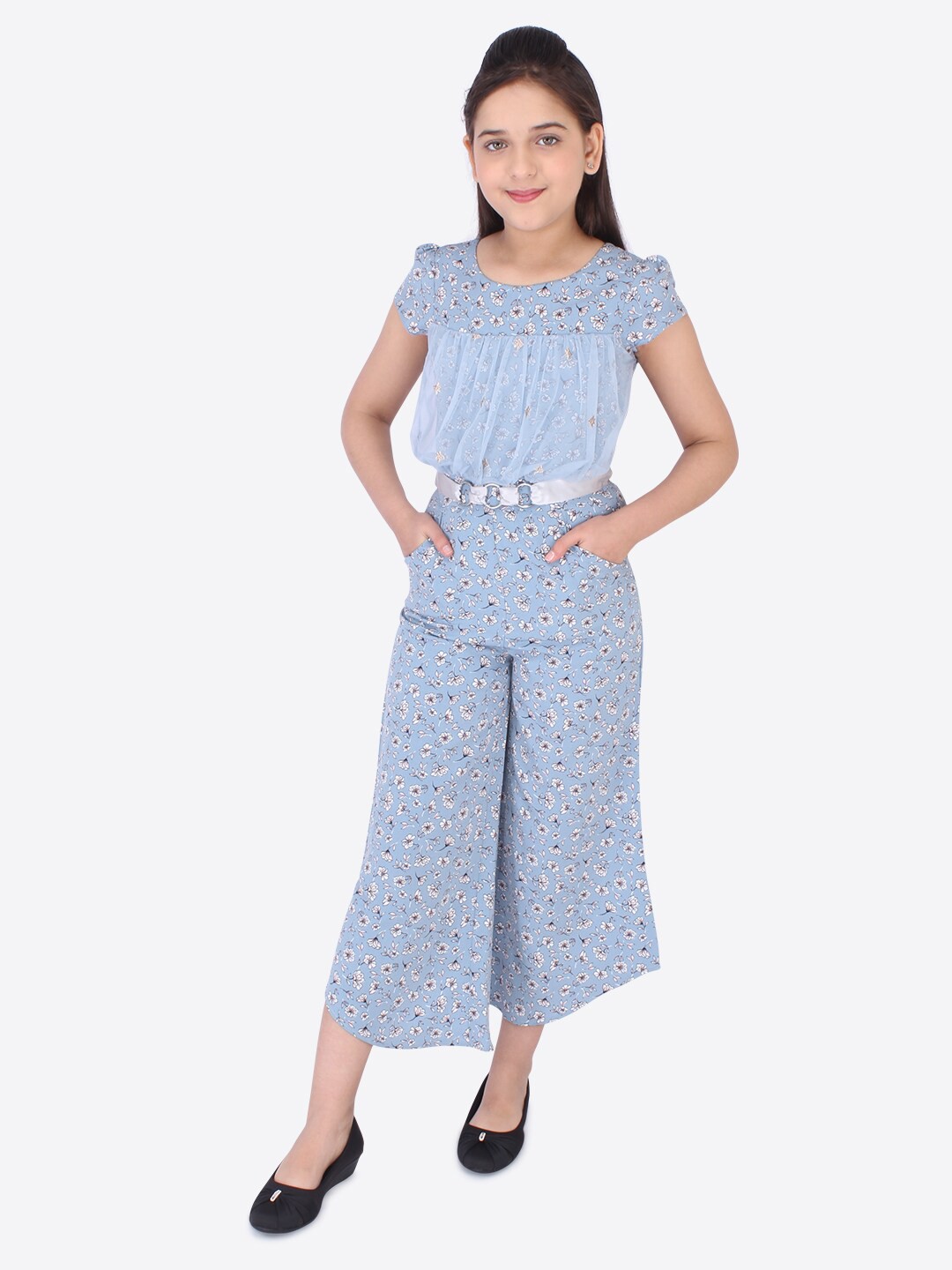 

CUTECUMBER Girls Blue & White Printed Culotte Jumpsuit