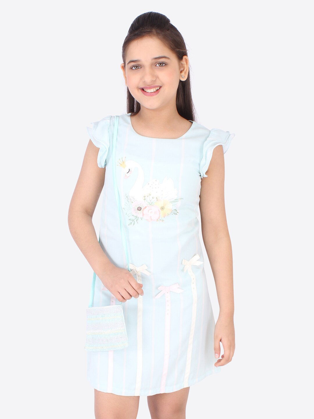 CUTECUMBER Girls Blue & Pink Floral Square Neck A-Line Dress