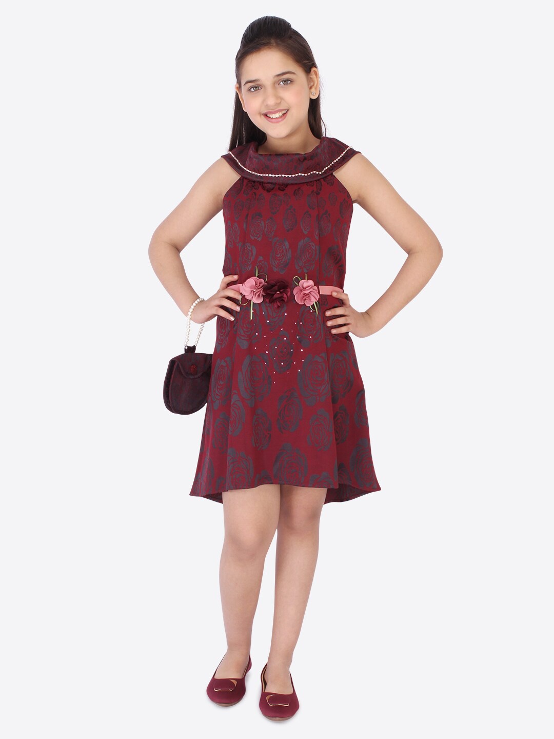 

CUTECUMBER Maroon Floral Jacquard Dress With Sling Bag