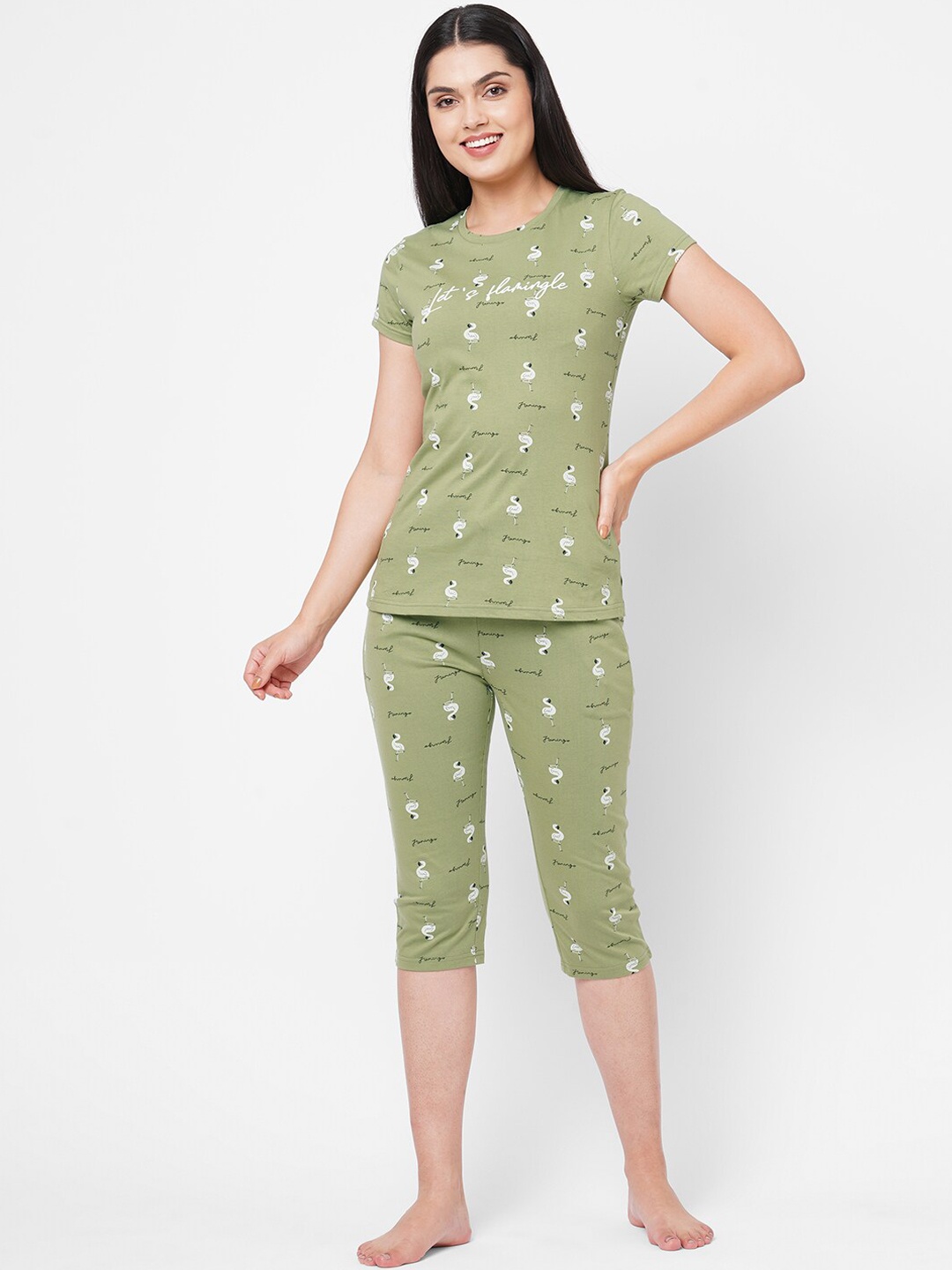 

Sweet Dreams Women Green & White Printed Night suit