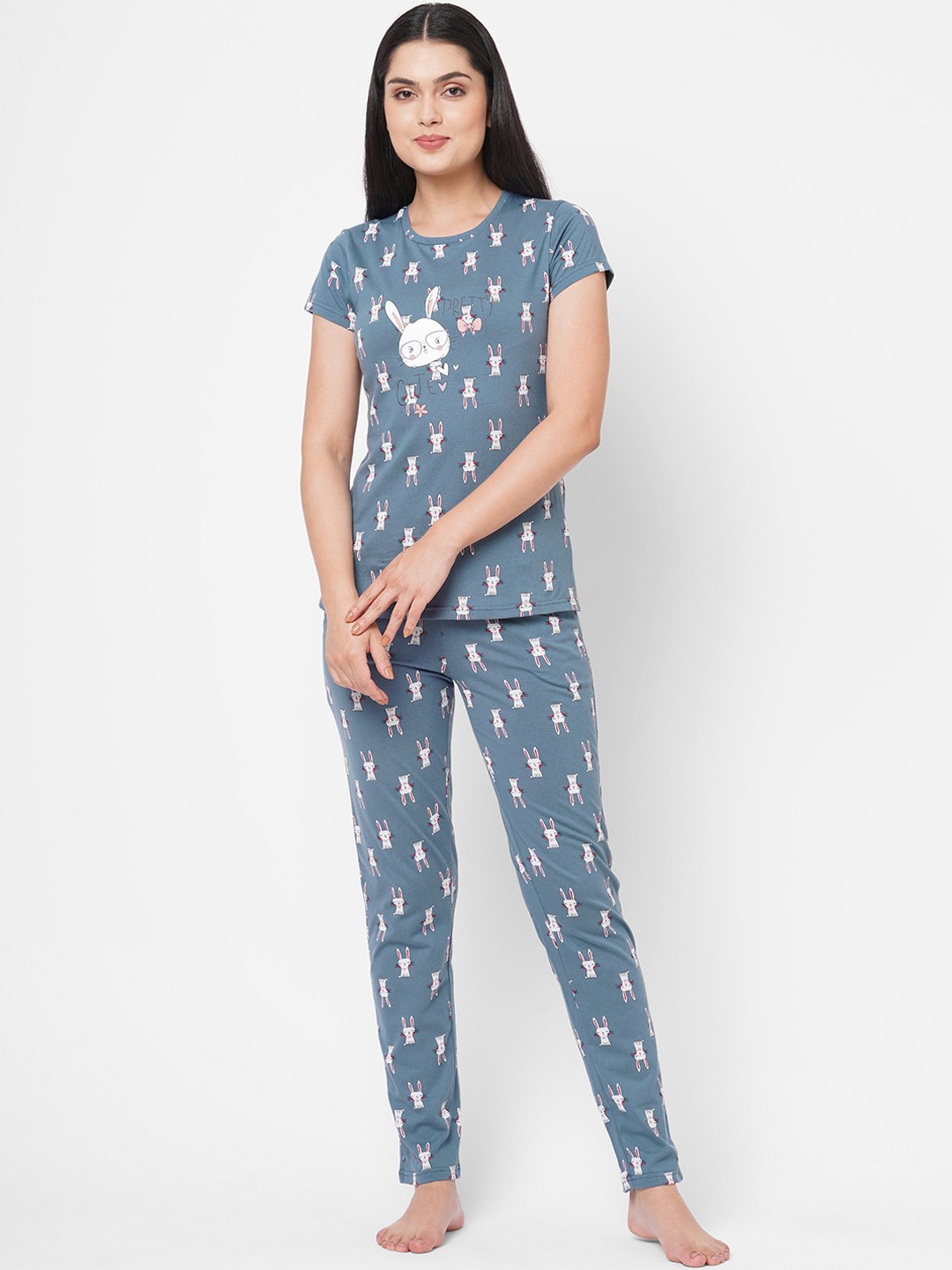 

Sweet Dreams Women Blue & Pink Cartoon Printed Night suit