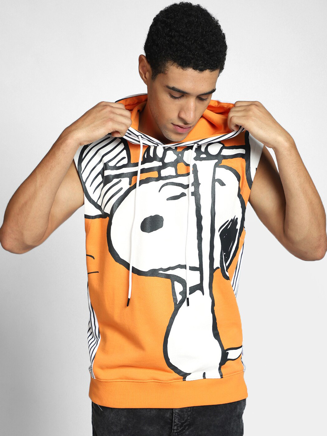 

Jack & Jones Men Orange & White Snoopy Printed Hooded Pure Cotton T-shirt