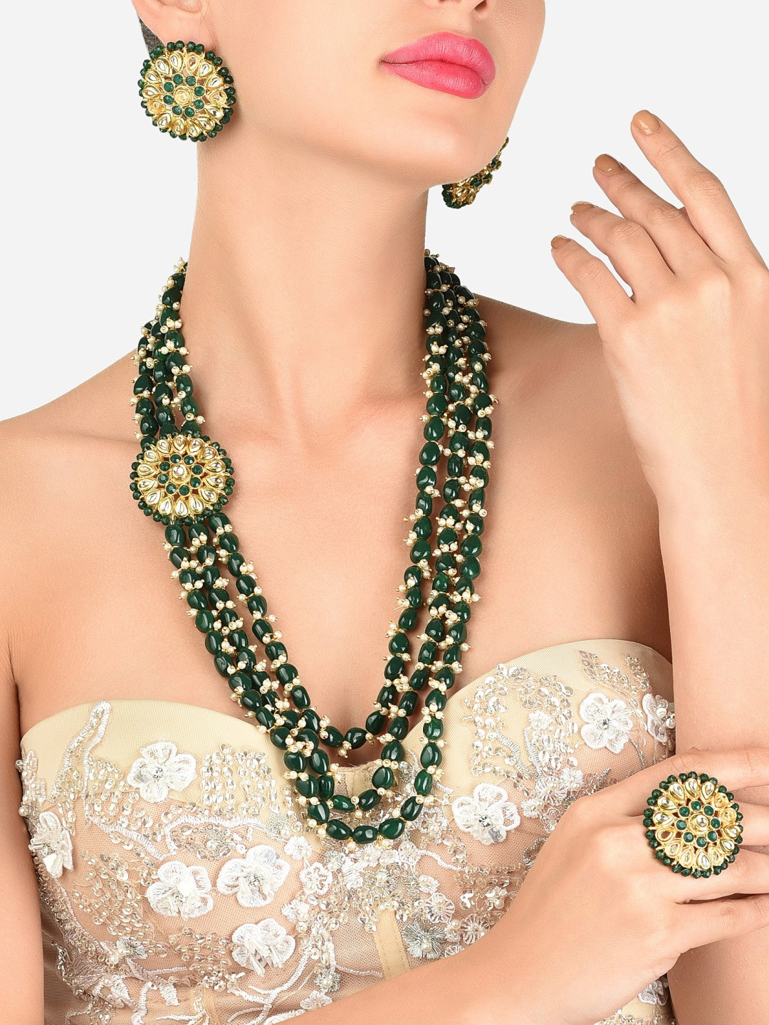 

Zaveri Pearls Green & Gold-Plated Beaded Side-Brooch Multistrand Jewellery Set