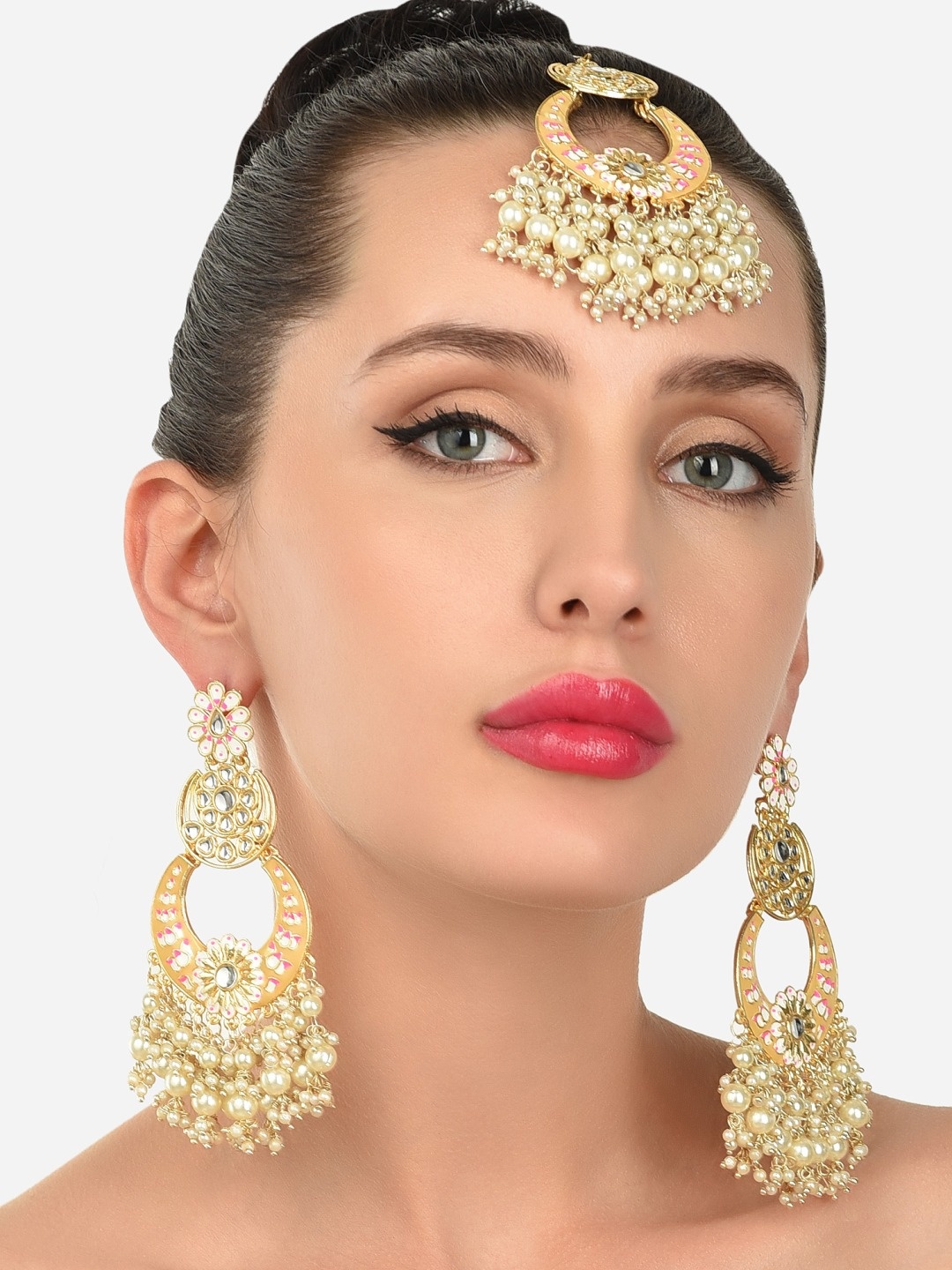 

Zaveri Pearls Women Gold-Plated Yellow & Pink Meenakari Pearls Jewellery Set
