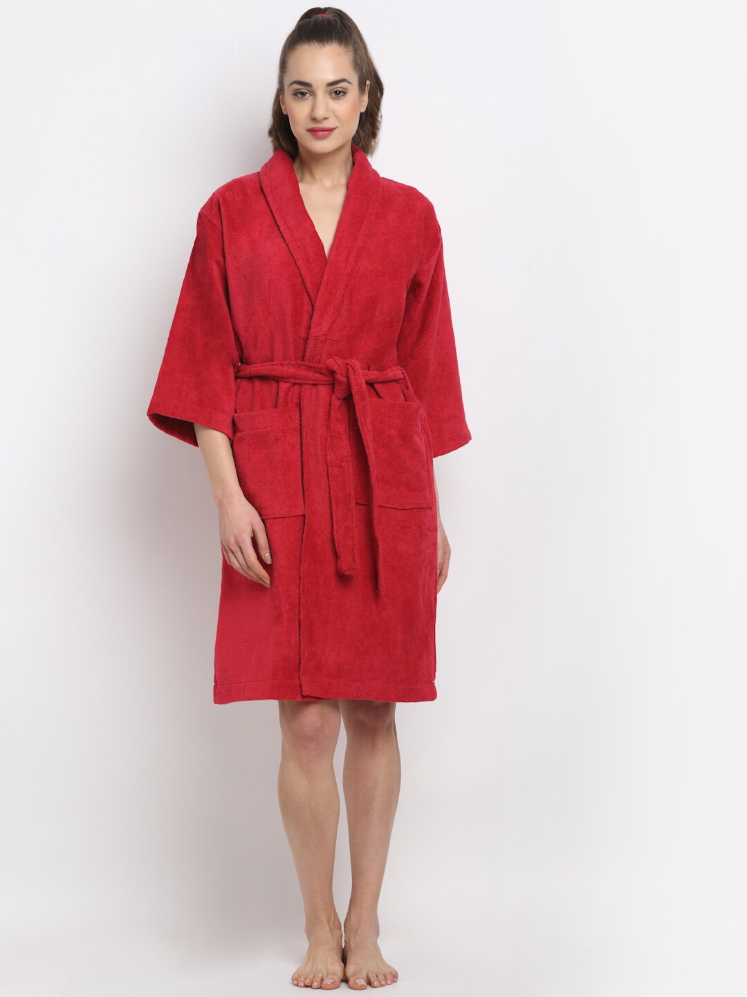 Creeva Unisex Velour Wine Pure Cotton Bathrobe, Red