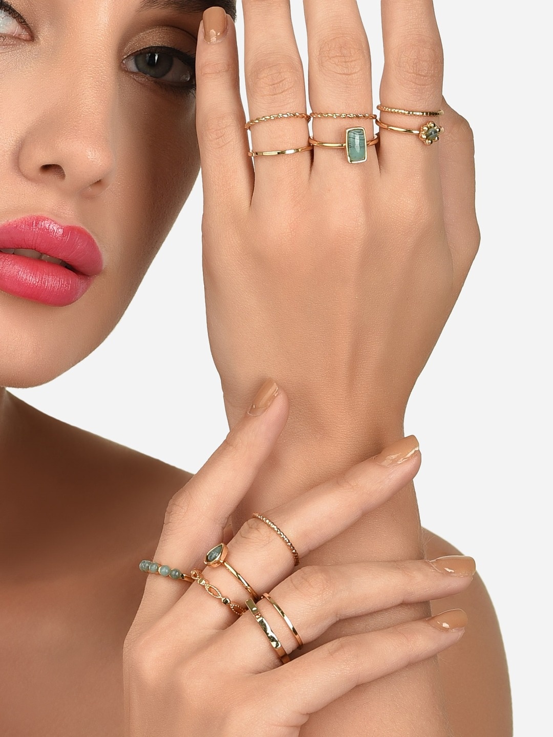 

AMI Set Of 12 Gold-Plated Stone-Studded Finger Ring