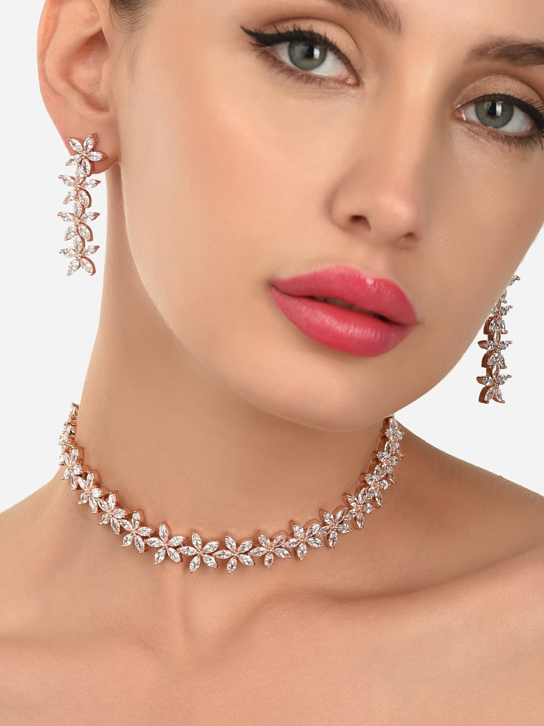 

AMI Rose Gold-Toned Cubic Zirconia Studded Jewellery Set