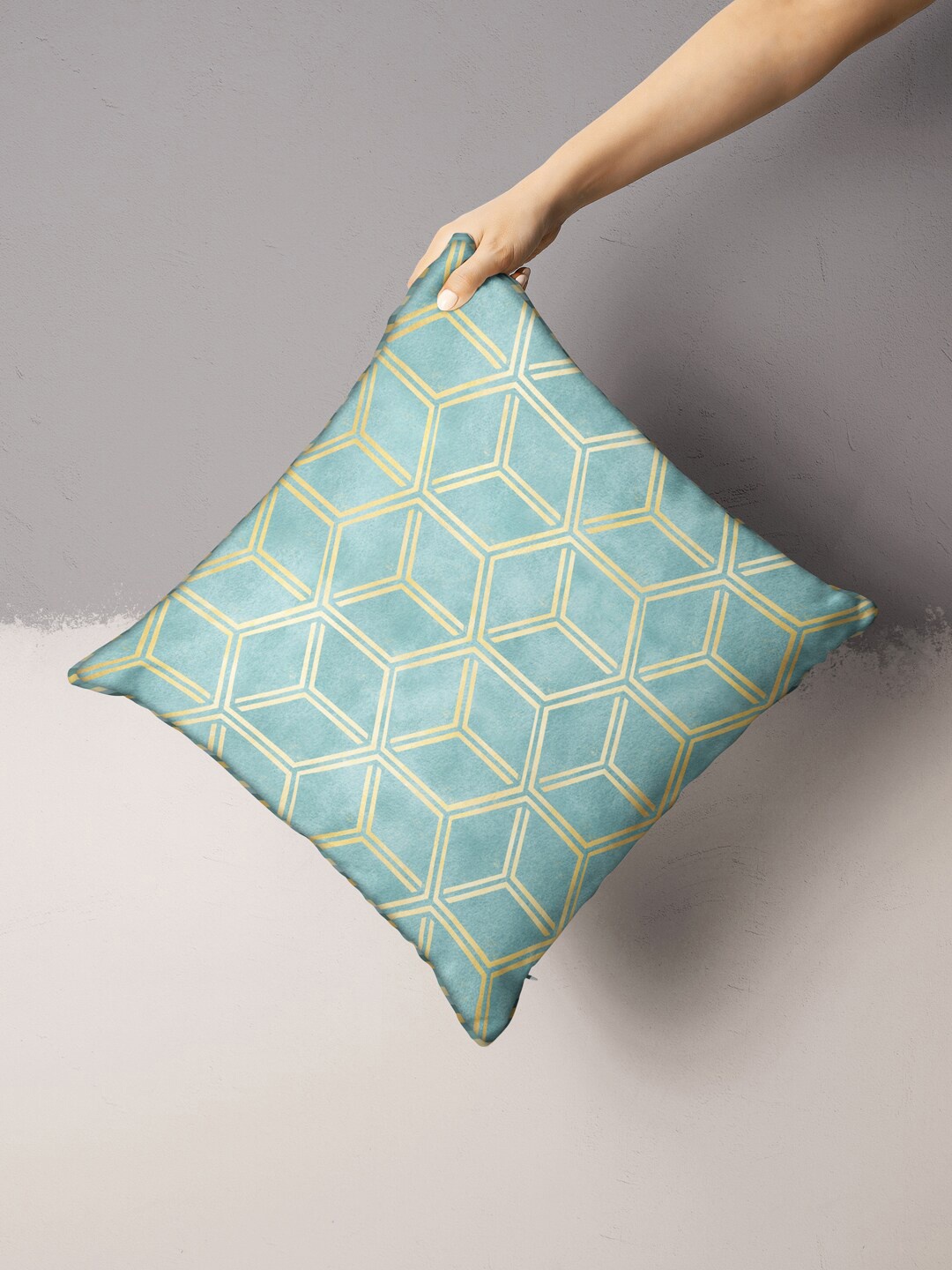 

BIANCA Beige & Turquoise Blue Geometric 16" x 16" Square Cushion Cover