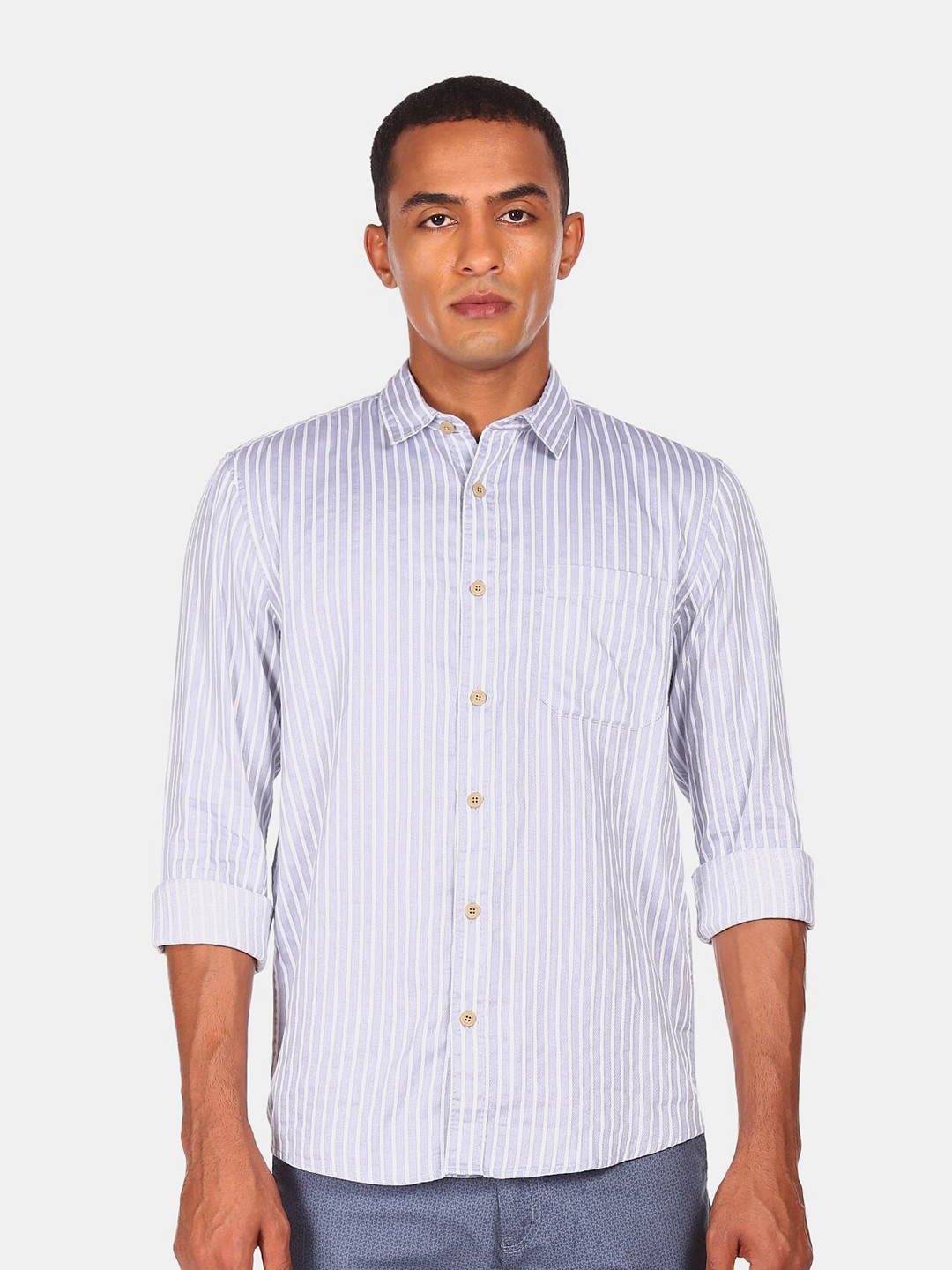 

Cherokee Men Grey Striped Pure Cotton Casual Shirt