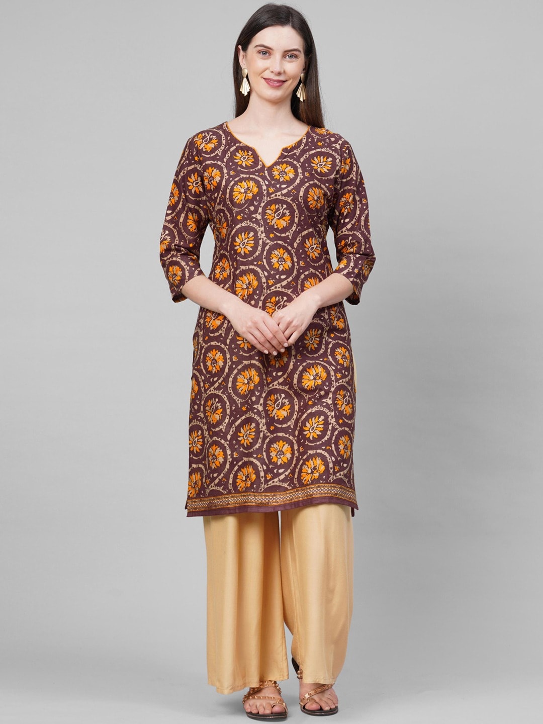 

GoSriKi Women Brown & Orange Ethnic Motifs Printed Cotton Kurta