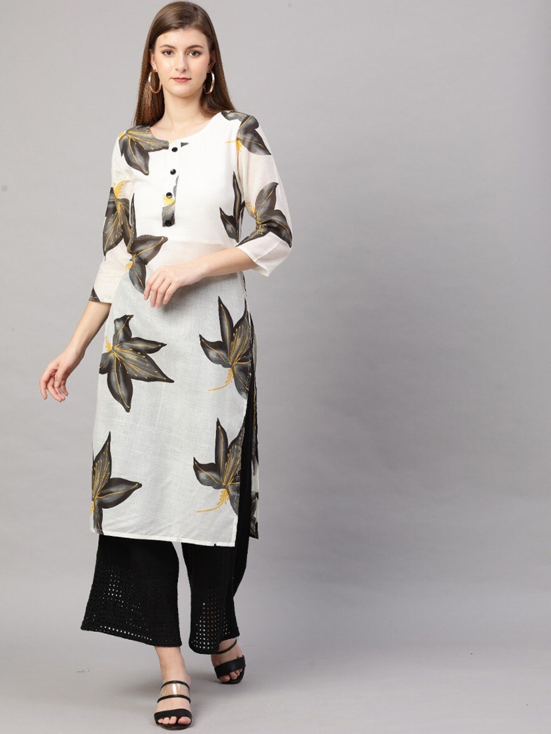 

GoSriKi Women White & Grey Ethnic Motifs Printed Kurta