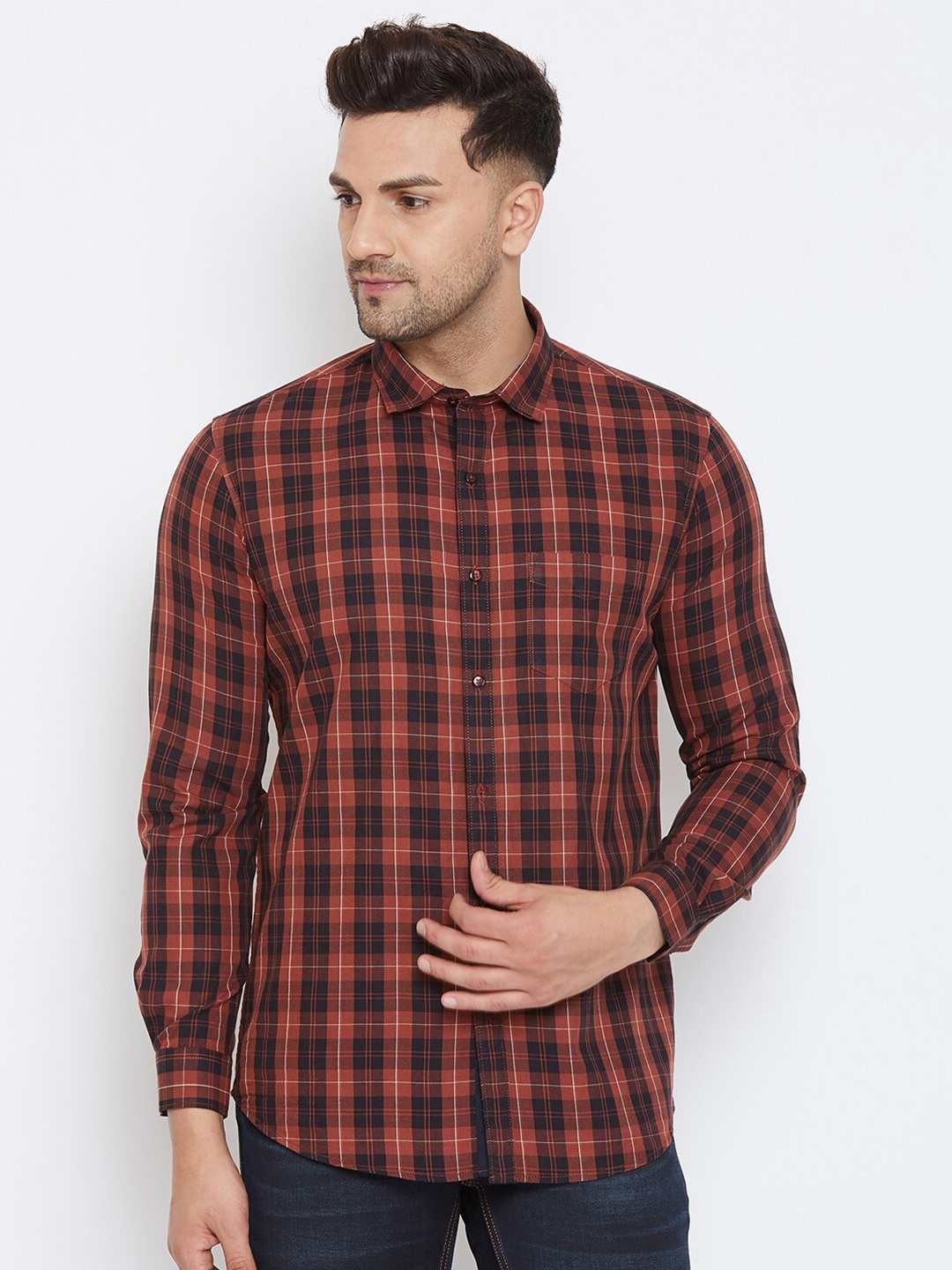 

Canary London Men Rust & Black Smart Slim Fit Checked Cotton Casual Shirt