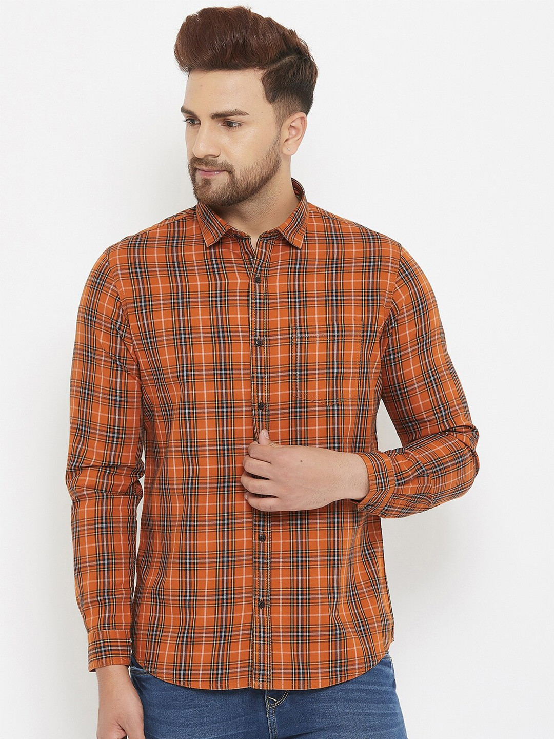 

Canary London Men Orange Smart Slim Fit Checked Casual Shirt