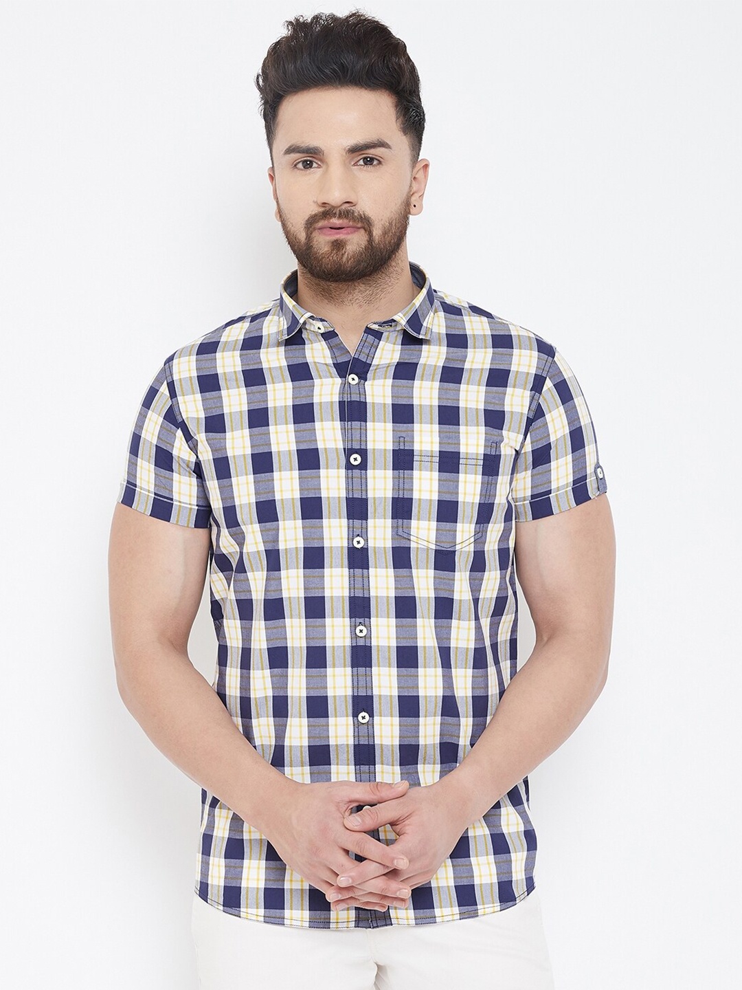 

Canary London Men Navy Blue Smart Slim Fit Gingham Checked Casual Shirt