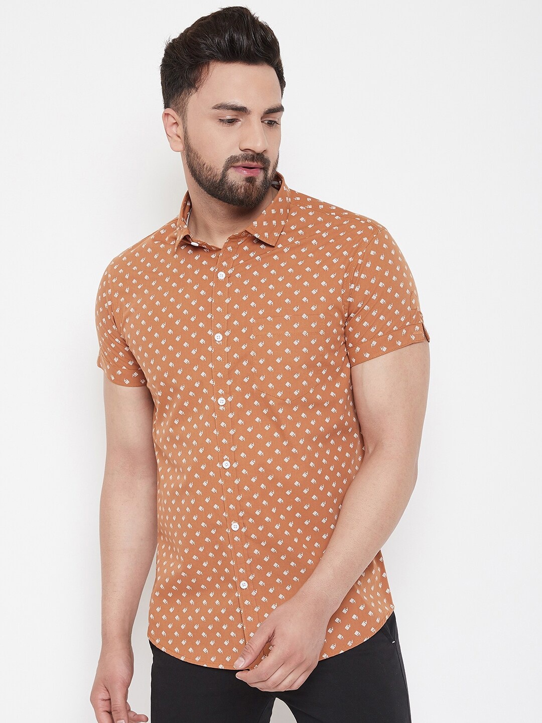 

Canary London Men Brown & White Smart Slim Fit Printed Cotton Casual Shirt